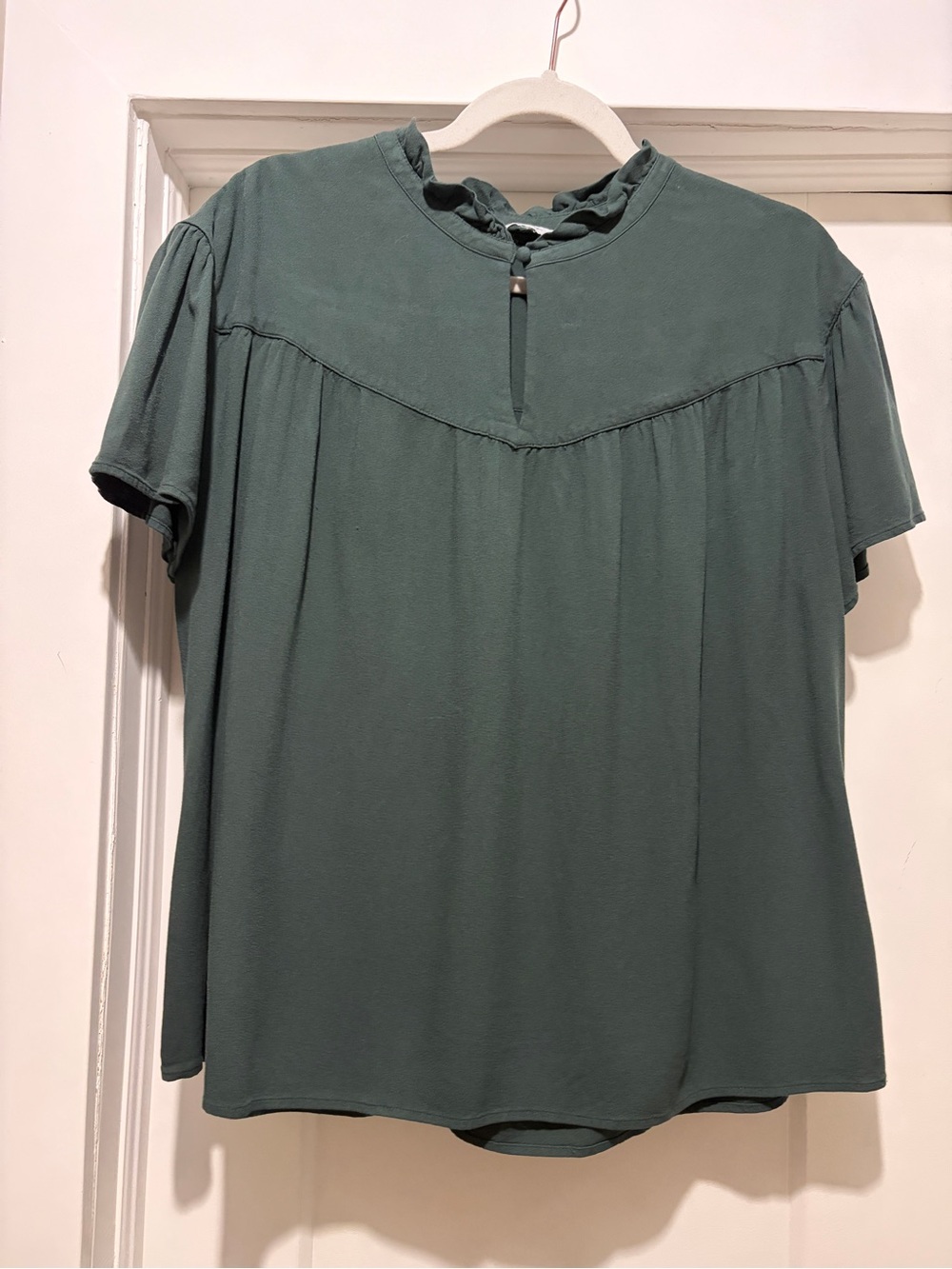 Reitmans Forest Green Ruffle Neck Short Sleeve Blouse